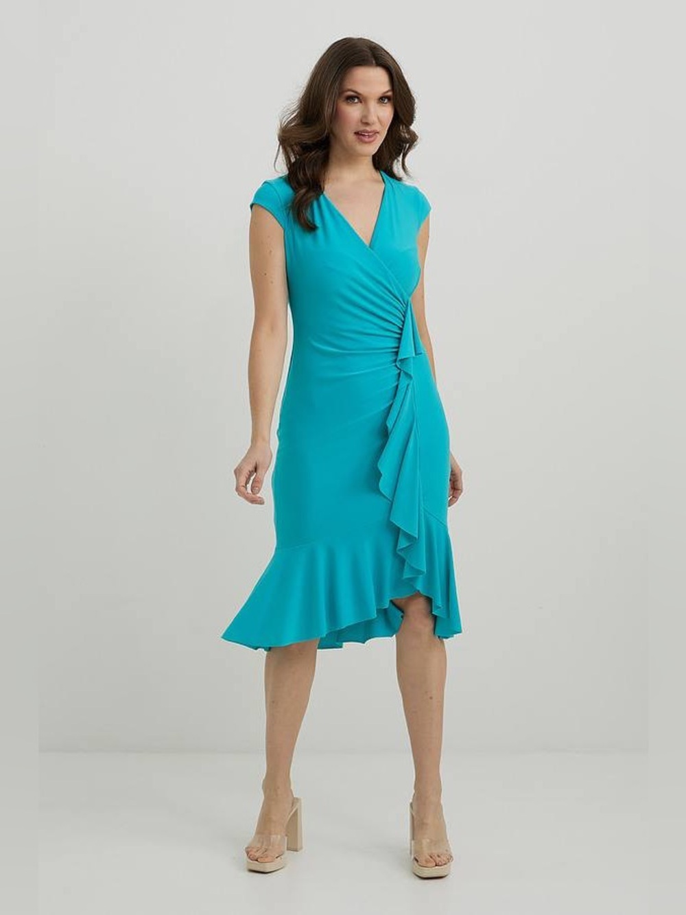 Joseph Ribkoff Wrap Style Teal Ruffle Waterfall Dress NWT - Picture 2 of 8